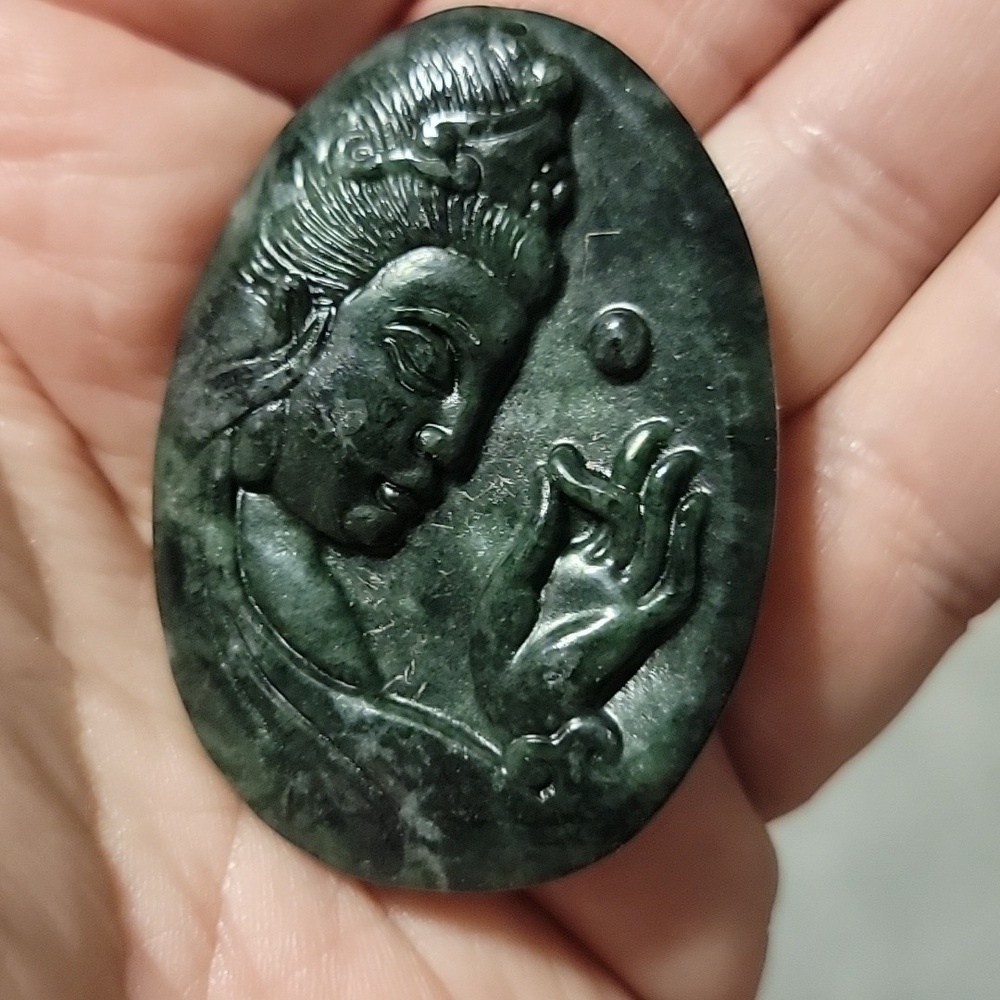 Certified Natural Gemstone Hotan Hetian Dark Green Carved Jade Pendant 53x38x8mm